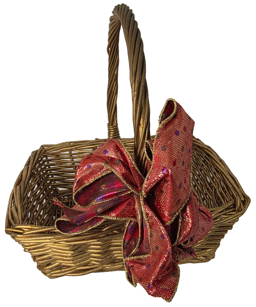 Gold Wicker Gift Basket Red Metallic Bow Christmas Holiday Decor Square
